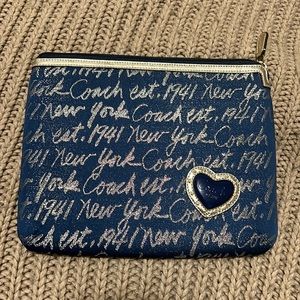 Coach Navy Blue Script Heart Zip Tablet Sleeve